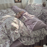 SHOPMOCHO 3/4Pcs Korean Princess Style Floral Ruffles Bedding Set Skin-friendly Soft Duvet Cover Set Bed Sheet Or Bed Skirt Pillowcases