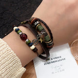 Shopmocho Handmade Hippie Design Brown Leather Bracelet Women Metal Star Note Charms Wood Button Beads Wrap Unisex Adjustable Bracelet