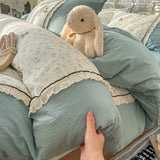 SHOPMOCHO 2026 Korean Princess Style Bedding Sets Lace Grid Floral Quilt Cover Bedclothes Decor Woman Girls Bedroom Duvet Cover 4pcs
