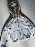 Shopmocho Winter Fashion Streetwear Women's Gothic Punk Faux Fur Hooded Jacket With Cross Print Trendy Edgy Zip - Up Sweatshirt 2025 New