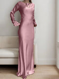 Shopmocho Women's Bespoke Satin Maxi Dress with Corset Waist Tie Classic Round Neck & Dramatic Flared Sleeves Luxury Evening Dress