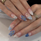 Shopmocho Blue White French 3D Flower Shell Nail Art Summer Beach Fashion Almond False Nails Detachable Finished Fake Nails Press on Nails