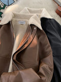 Shopmocho Y2K Fashion Lapel Leather Coat Cotton-padded Jacket Coat Women High Street Vibe Vintage Casual Pilot Jacket Cotton-padded Jacket