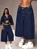 SHOPMOCHO Retro Dark Blue Adjustable Buckle Capri Jeans