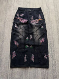 SHOPMOCHO Vintage Washed Black Wide Leg Jeans Men Cherry Blossom Floral Embroidery Frayed Y2K Patchwork Distressed Baggy Denim Pants Women