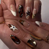SHOPMOCHO 24Pcs Black Y2k Long False Nails with Almond Head Design Cat's Eye Silver Stripe Pattern Press on Fake Nails Wearable Nail Tips
