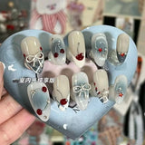 Shopmocho 10Pcs Handmade Press on Nails French Almond Full Cover Cherries and Bow Design Fake Nails Sweet Cute Manicure Nail For Women