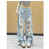 SHOPMOCHO High Waist Wide Leg Denim Jeans Women's Summer New Style High Street Hole Design Slimming Long Trousers Trendy Fashion