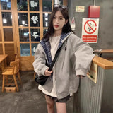 Shopmocho Retro American Plaid Splicing Hoodie Women's Spring Autumn New Oversize Loose Lazy Style Open Cardigan Coat Polyester Fiber