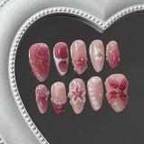 SHOPMOCHO 24PCS Simple Ins Dark Pink Blush 3D Flower Almond False Nails with Glue Leopard Print French Spice Girls Fake Nail Tips Press On