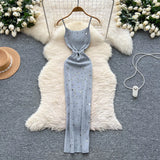 Shopmocho Sexy Knitting Split Long Dress Sleeveless Sequins Diamonds With Sashes Skinny Sundress 2025 Fashion Women Summer Dress