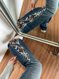SHOPMOCHO American Niche Floral Embroidered Washed Jeans Woman Y2K Millennial Retro Street Casual Harajuku Hot Girl Micro-flare Slim Jeans