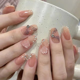 SHOPMOCHO 24Pcs Cat’s Eye Leopard Print Press on Fake Nails Mid-length Ballet False Nails with Rhinestone Detachable Full Cover Nail Tip
