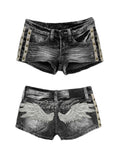 SHOPMOCHO Y2K Hot Girl Angel Wings Embroidered Vest Denim Shorts Suit Retro Sexy Shorts Subculture Punk Rivet Design Low-Waisted Pants