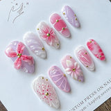 Shopmocho 24pcs Wearable False Nail Strawberry Bow Design Nails Tips Red Short Almond Pearl Starlight Fake Nail Art Flower Press on Nails
