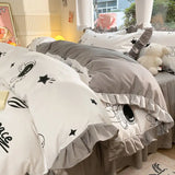 Shopmocho Cartoon Washed Cotton Bed Sheet Four-piece Set Non-cotton Thickened Brushed Quilt Cover Bed Skirt Style Princess Style Bedroom