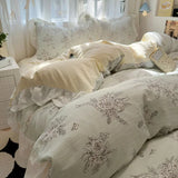 Shopmocho 1.5/1.8 Korean Style 100% Cotton Fitted Sheet Sets with Lace Flower Print Bedding Set for Seasons Home Bedclothes for Adult Kids