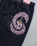 SHOPMOCHO Y2k Men Jeans Samurai Sword Cherry Blossom Embroidery Street Floor Pants Baggy Wide Leg Straight Leg High Waist Denim Jeans