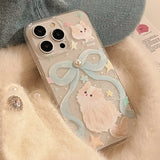 Shopmocho Cartoon Cat Case for iPhone 11 12 13 14 Plus 15 Pro MAXS Pearl Phone Case Shiny Bow Lanyard Shockproof Bumper Cover