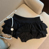 SHOPMOCHO Sweet Puffy Cake Women Skirts Korean Fashion Ruched Ruffle Mini Skirt Campus Harajuku Casual Versatile Elastic Waist Solid Skirt