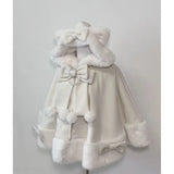 SHOPMOCHO Winter New Lolita Shawl Overcoat Women Design Bow Hooded Patchwork Kawaii Cope Coat Female Warm Chic Sweet Christmas Coat