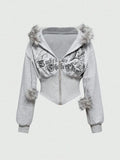 SHOPMOCHOWinter Warm Gothic Print Hoodie Women's Faux Fur Crop Top Zip-Up Sweatshirt Fashion Y2K Streetwear Hooded Jacket 2026 New