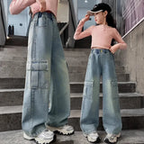 SHOPMOCHO Girls Cargo Jeans Kids Wide-legged Denim Pants Teenagers Fashion Streetwear Loose Trousers Children Casual Clothes 5-12Y