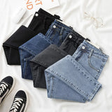 Shopmocho Black Grey Jeans Women's Slimming Cropped Pants Chic Versatile Student Short Trousers Long Pants Slim Fit Sihouette Smoothing