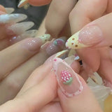 Shopmocho 10Pcs Almond Press on Nails with Pink Strawberry Bear Design Acrylic False Nails Cute Full Cover Sweet Girl Wearable Nail Tips