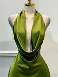 SHOPMOCHO Women Elegant Solid Satin Dress, Back Zipper Open Back Fitted Midi Dress, Casual Vacation Party Banquet Cocktail Gown
