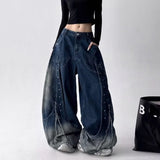 SHOPMOCHO 2025 American Retro Y2K Style Patchwork Washed Black Baggy Women's Stacked Jeans Pants Woman Clothing Wide Leg Denim Trousers