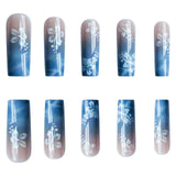 Shopmocho 24pcs Y2k Summer Sea Blue Gradient Fake Nails With Water Ripples Designs Long Square Coffin False Nails Set Press On Nail Tips