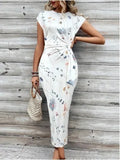 Shopmocho Elegant Waist Tie Striped Round Neck Short Sleeves Long Dress Summer Women's High-End Feel Women's Clothing Skirt