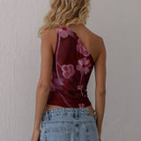 Shopmocho Combhasaki Women's Summer Y2K Vintage Fashion Tank Tops Sleeveless Ruched One Shoulder Aesthetic Flower Print Slim Fit Vest