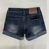 SHOPMOCHO Retro Roll Up Hem Deep Blue Denim Shorts Women Summer Sexy Low Rise Hip Covering Hot Pants American Distressed Washed Jean Short