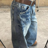 SHOPMOCHO Retro American Rivet Low Waist Straight Leg Denim Jeans Spicy Girl High Street Unique Design Couple Vintage Style Long Trousers