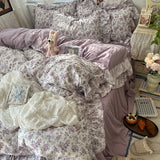 SHOPMOCHO 3/4Pcs Korean Princess Style Floral Ruffles Bedding Set Skin-friendly Soft Duvet Cover Set Bed Sheet Or Bed Skirt Pillowcases