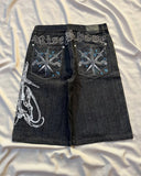 SHOPMOCHO American Washed Ecko Denim Shorts Mens Hip-hop Rock Street Fashion Pattern Straight Pants Harajuku Trend Wide Pants