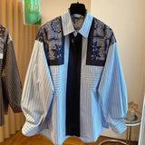 Shopmocho Korean Spring Summer New 2025 Print Spliced Striped Long-Sleeved Shirt Women's Loose Casual  All-match Lapel Blouse Lady Tops