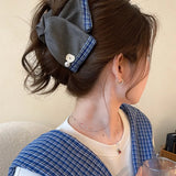 Shopmocho Korean Fabric Plaid Triangular Hair Claw Clips for Women Bow Imitation Pearl Button Acrylic Shark Clip High-end Hair Accessories