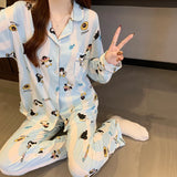SHOPMOCHO Cartoon Cute Penguins Print Women's Pajamas Fashion Blue White Striped Milk Silk Homewear 2025 Spring Fall New Casual Sleepwear