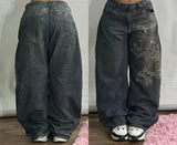 SHOPMOCHO 2026 American New Fashion Star Pattern Embroidery Old Jeans Women Y2K Gothic Hip-hop Casual Joker Straight Wide-leg Trousers