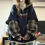 Shopmocho Two-Piece Illusion Plaid Hooded Sweatshirt Women's Spring Autumn Thin Style Design Sensibility Niche Loose Fit Idle Style Couple