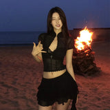 SHOPMOCHO Y2k American Sexy Hot Girls Two-Piece Suit Women Hollow Lace Mesh Shirt Irregular Mini Shirt Retro Fashion Causal Skirt Suits