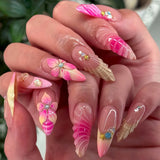 Shopmocho 24Pcs Mid-length 3D Flowers Design Fingertips Sweet Butterfly Yellow Ripple Almond False Nails Detachable Full Cover Press Ons