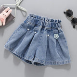 SHOPMOCHO Summer Girls Denim Shorts Korean Fashion New Children's Pleated Jeans 4-12Years Teens Girls Short Jeans Pearl Decoration