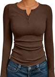 SHOPMOCHO Fashionable Women's Long Sleeve Slim Fit Autumn 2025 Henry Collar T-Shirt Ribbed Basic Style Top for Ladies