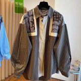 Shopmocho Korean Spring Summer New 2025 Print Spliced Striped Long-Sleeved Shirt Women's Loose Casual  All-match Lapel Blouse Lady Tops