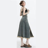 Shopmocho 2025 Spring New Vintage Denim Skirt Matching Set Women's Elegant Loose Hollow Knitted Shirt+Sexy Split Dress Two Piece Suit