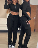 SHOPMOCHO Zipper Design with Exposed Navel Hooded Sweatshirt and Drawstring V-Shaped Waistline Work Pants, Sports Pants Long Pants Set